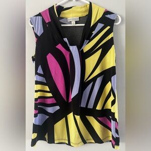Dana Buchman Sleeveless Blouse Small Geometric Black Pink Yellow Top